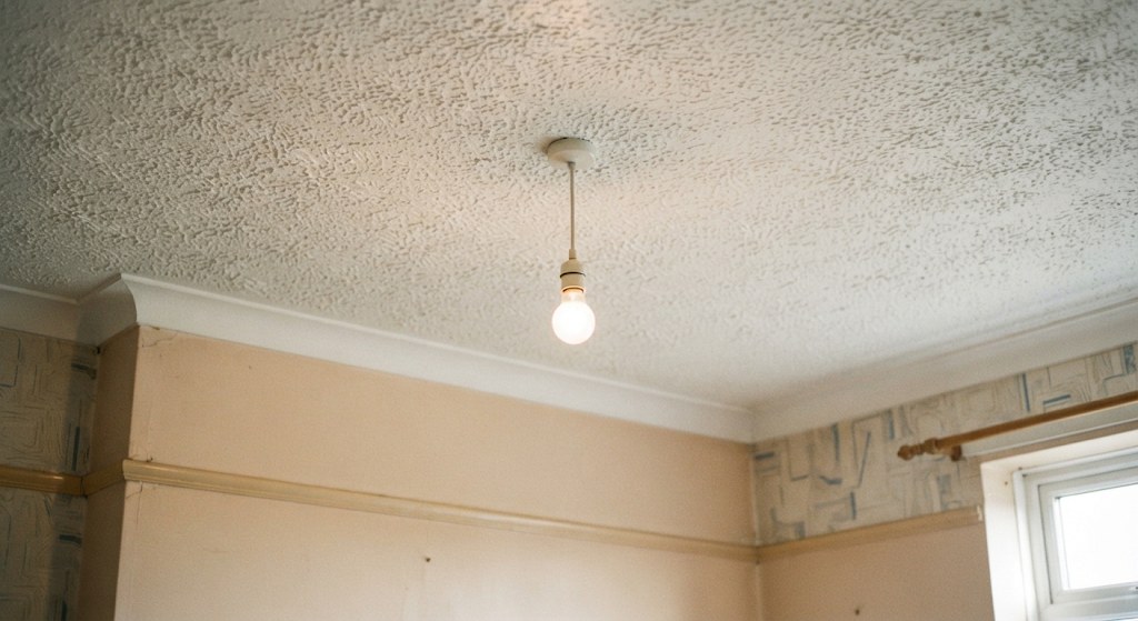 Stippled ceiling in a 1970s bedroom.