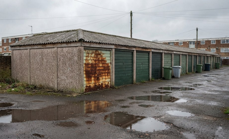 Lock-up garages with cement roofs, common on Runcorn's estates.