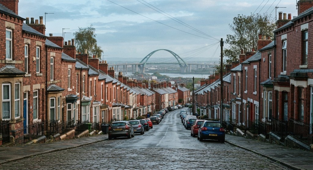 Terraced street and Mersey bridge in Castlefields